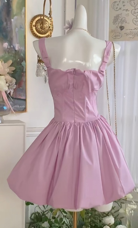 Vestido corto de satén rosa de cuento de hadas con escote cuadrado y corte A para fiesta de cumpleaños de quinceañera ED03144