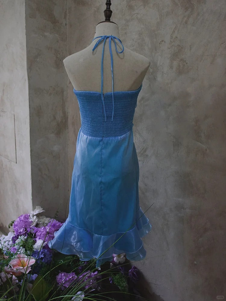 Elegante vestido de fiesta corto de gasa azul con cuello halter y escote en V ED03193