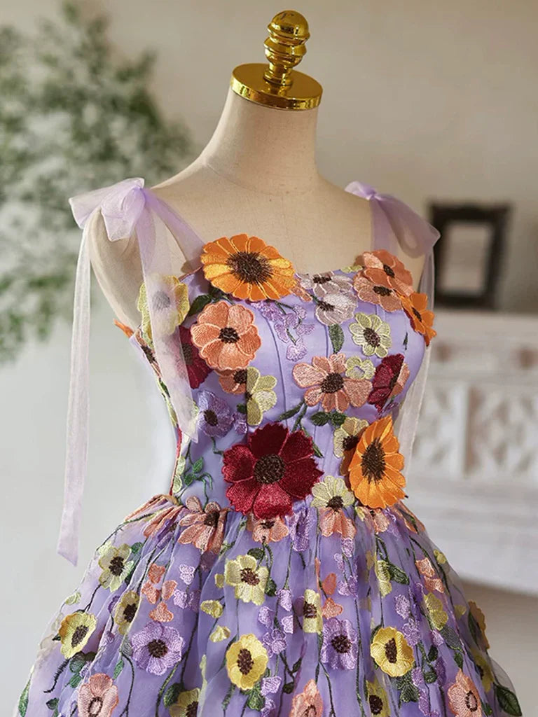 Vestido de fiesta corto de tul morado con encaje, vestido morado de bienvenida ED032