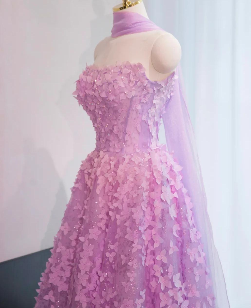 Vestidos de fiesta largos de quinceañera con apliques, corte A, de tul, sin tirantes, color lila, ED03288