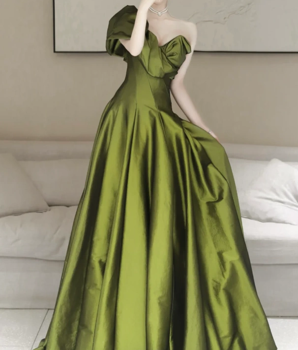 Vestido de fiesta largo de satén verde con escote en V y corte A, vestido formal largo verde ED033