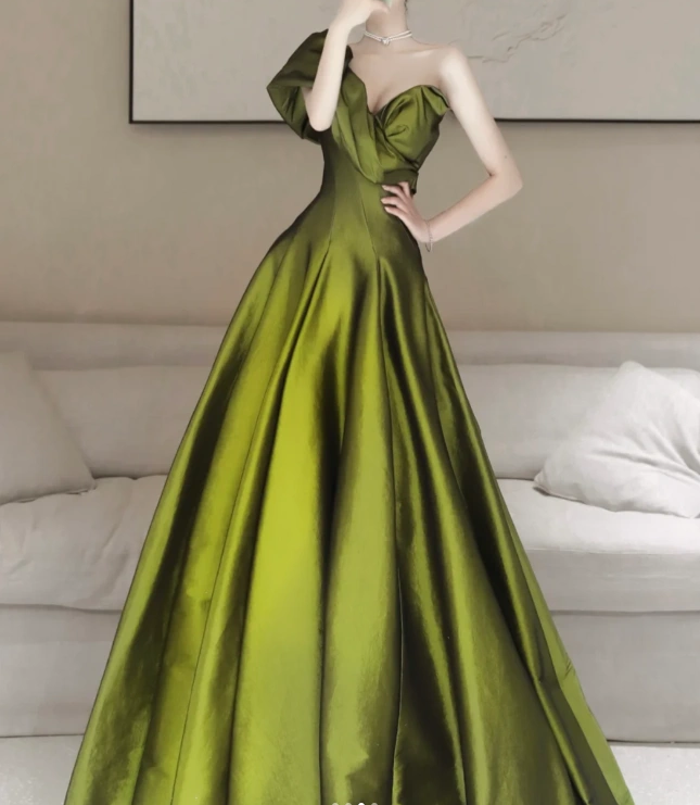 Vestido de fiesta largo de satén verde con escote en V y corte A, vestido formal largo verde ED033