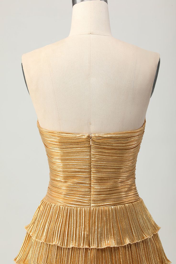 Vestido de fiesta corto clásico dorado sin tirantes, corte A, de satén escalonado, con brillo, ED03485