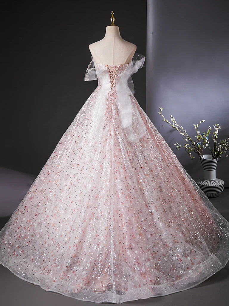 Vestido de fiesta largo rosa con lentejuelas y tul, corte A, ED035