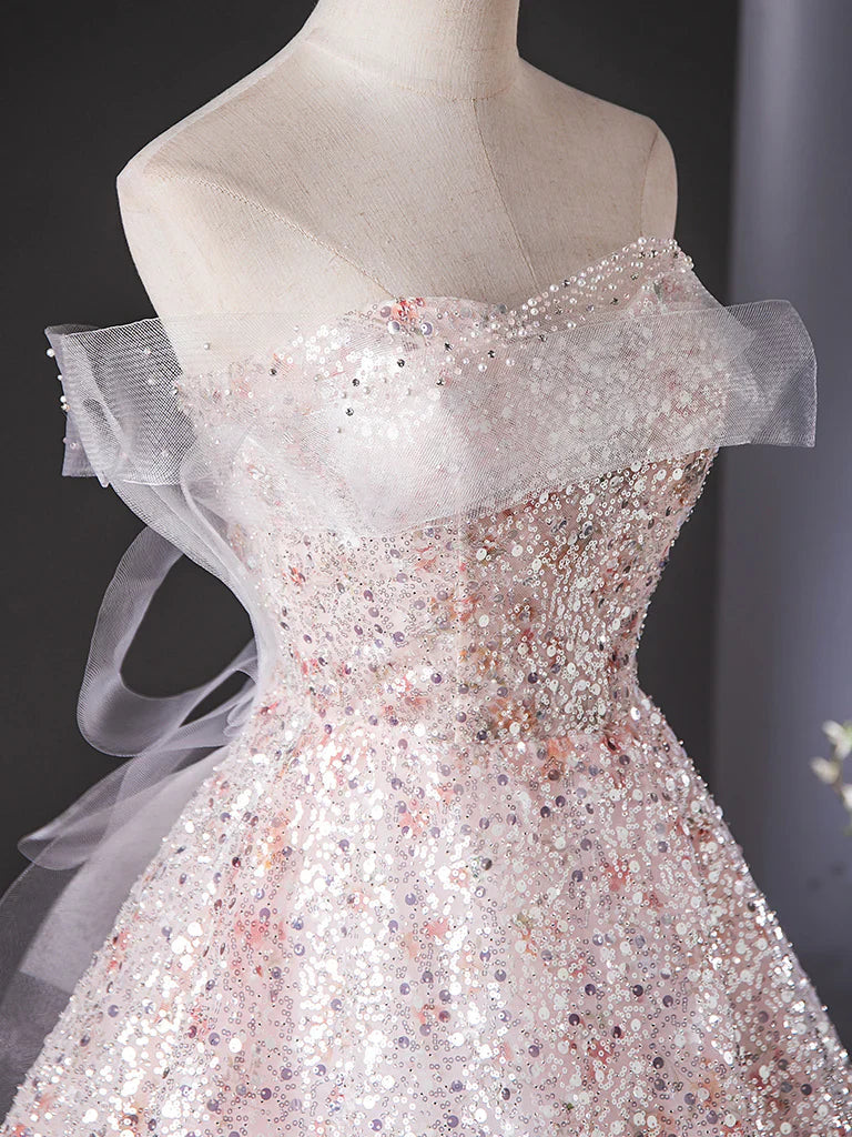 Vestido de fiesta largo rosa con lentejuelas y tul, corte A, ED035