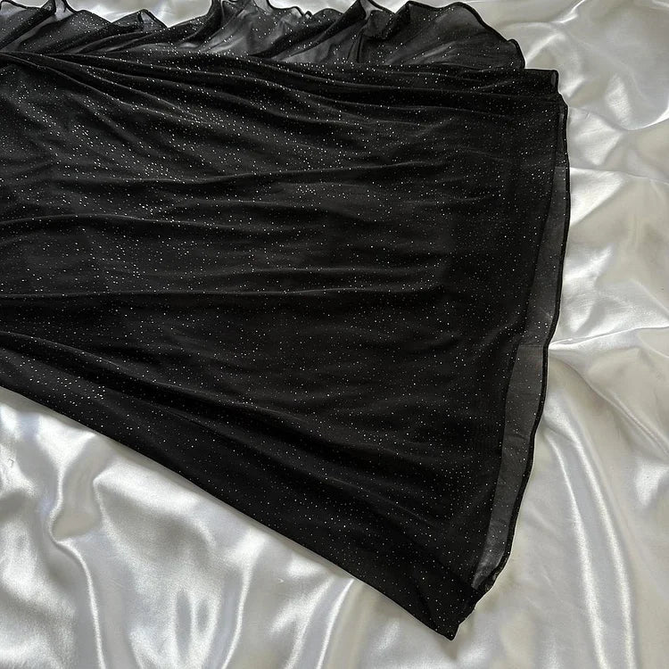 Vestido de fiesta formal de gasa con volantes y escote corazón en negro brillante ED03551