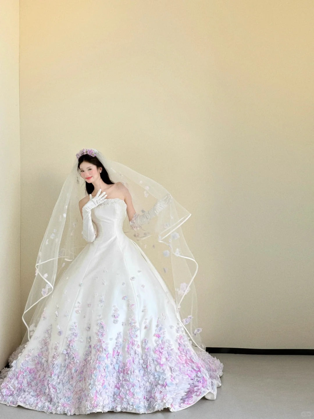 Elegante vestido de quinceañera blanco largo sin tirantes, con apliques, para novia, ED03571