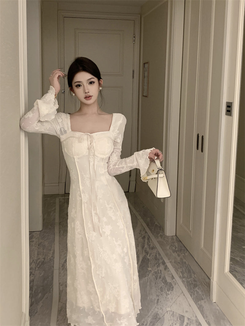 Vestido de cumpleaños blanco elegante con lazo y falda larga en forma de A, estilo francés, ED0372