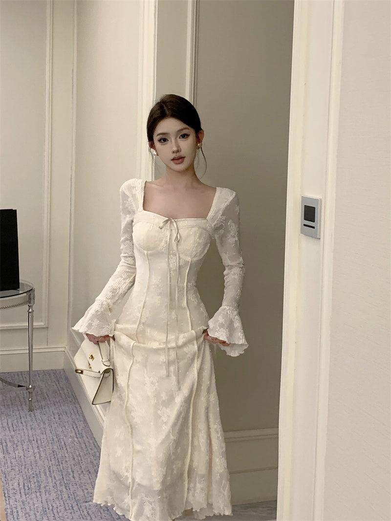 Vestido de cumpleaños blanco elegante con lazo y falda larga en forma de A, estilo francés, ED0372