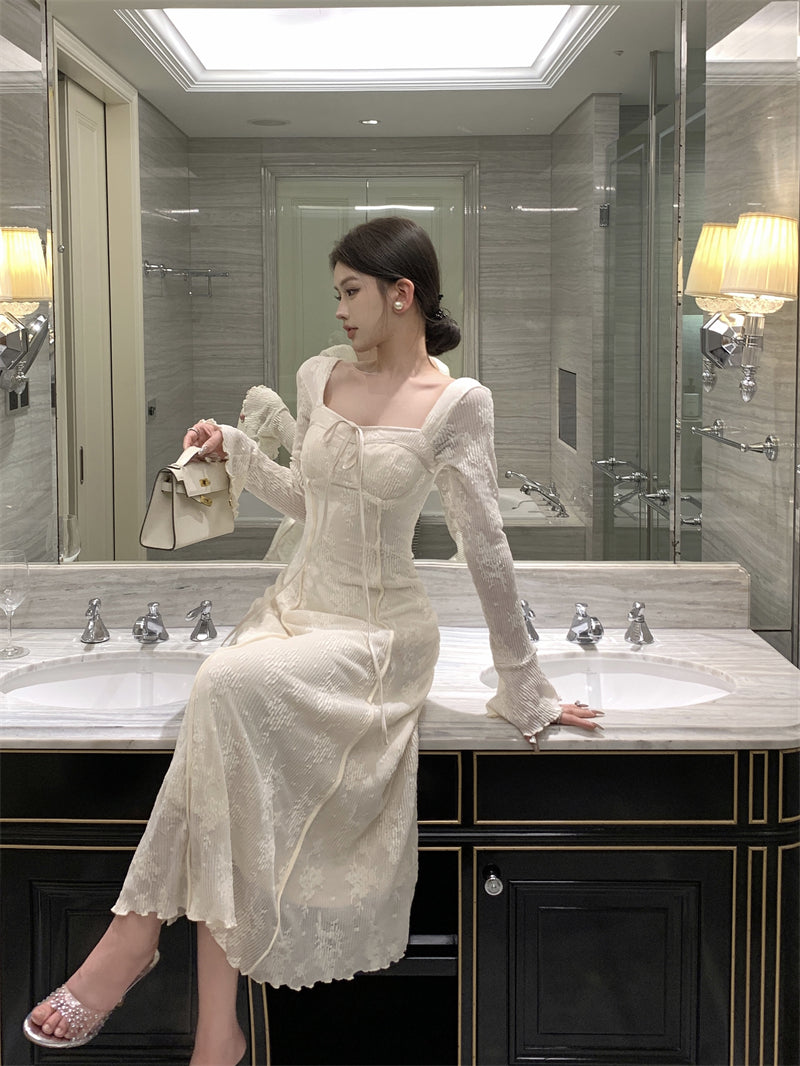 Vestido de cumpleaños blanco elegante con lazo y falda larga en forma de A, estilo francés, ED0372