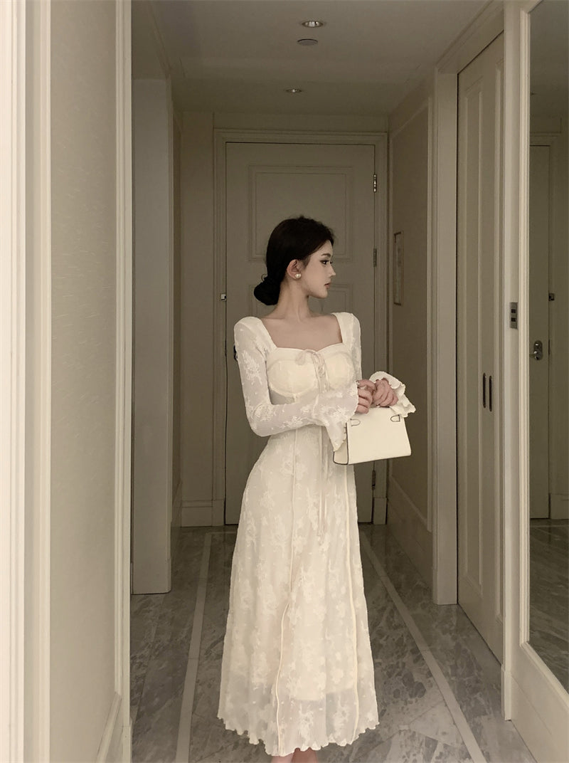 Vestido de cumpleaños blanco elegante con lazo y falda larga en forma de A, estilo francés, ED0372
