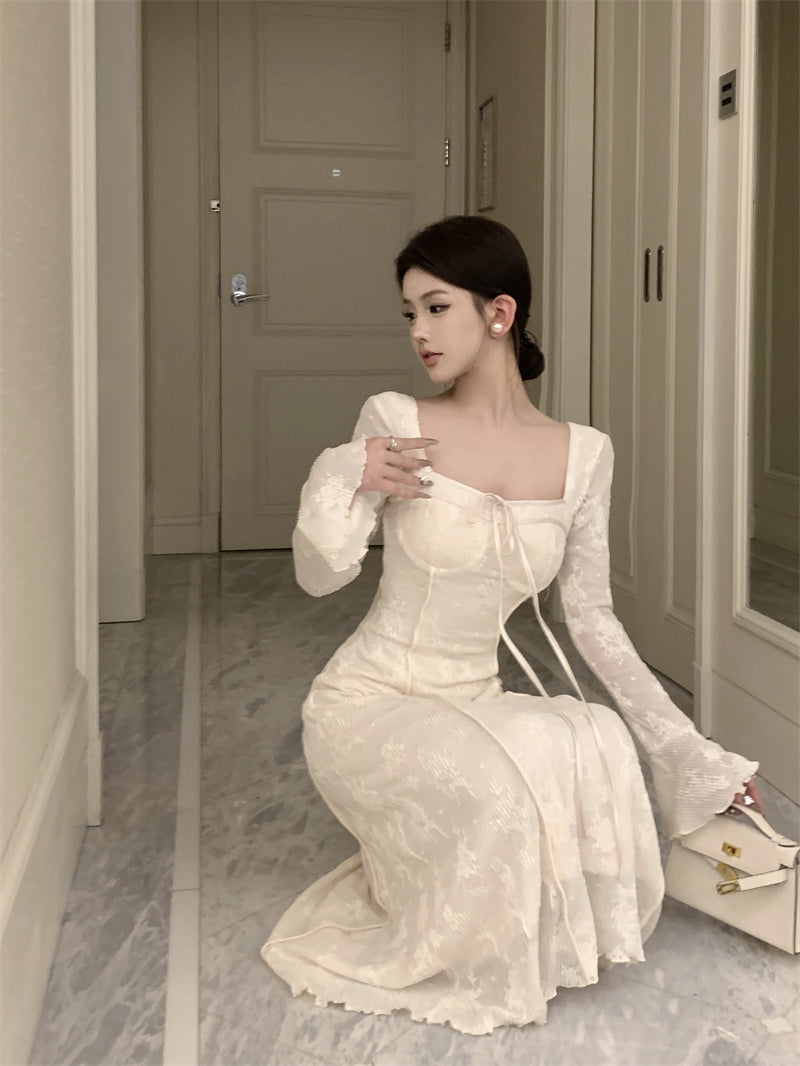 Vestido de cumpleaños blanco elegante con lazo y falda larga en forma de A, estilo francés, ED0372