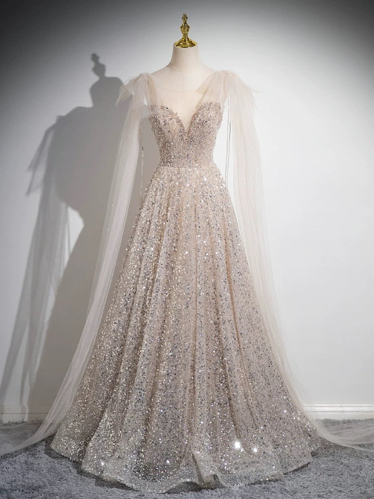 A-Line Scoop Neckline Tulle Champagne Long Prom Dress, Champagne Sequin Evening Dress ED042