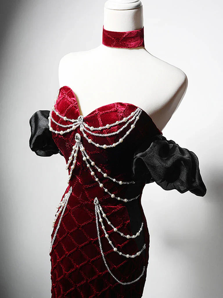 Mermaid Sweetheart Neck Velvet Beads Long Prom Dress Burgundy Wedding Dress Pretty Birthday Dress ED043
