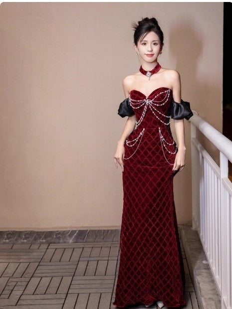 Mermaid Sweetheart Neck Velvet Beads Long Prom Dress Burgundy Wedding Dress Pretty Birthday Dress ED043