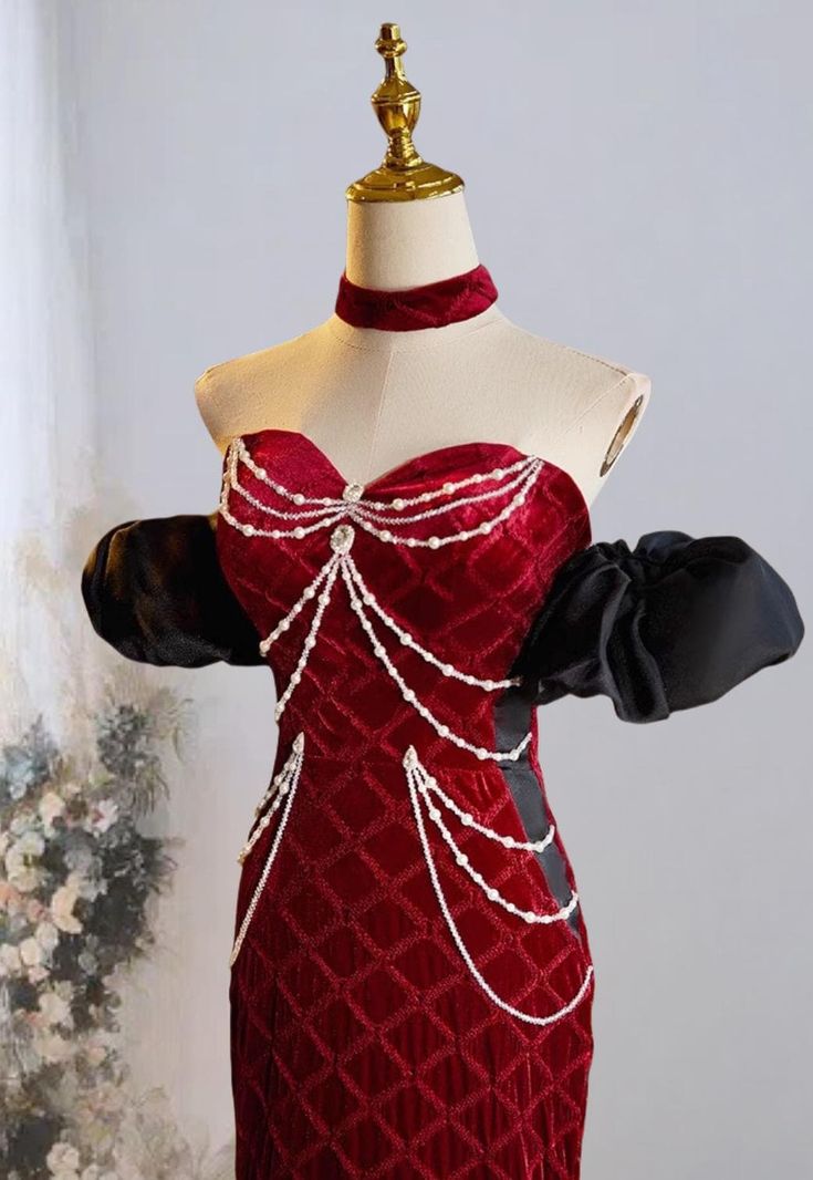 Mermaid Sweetheart Neck Velvet Beads Long Prom Dress Burgundy Wedding Dress Pretty Birthday Dress ED043