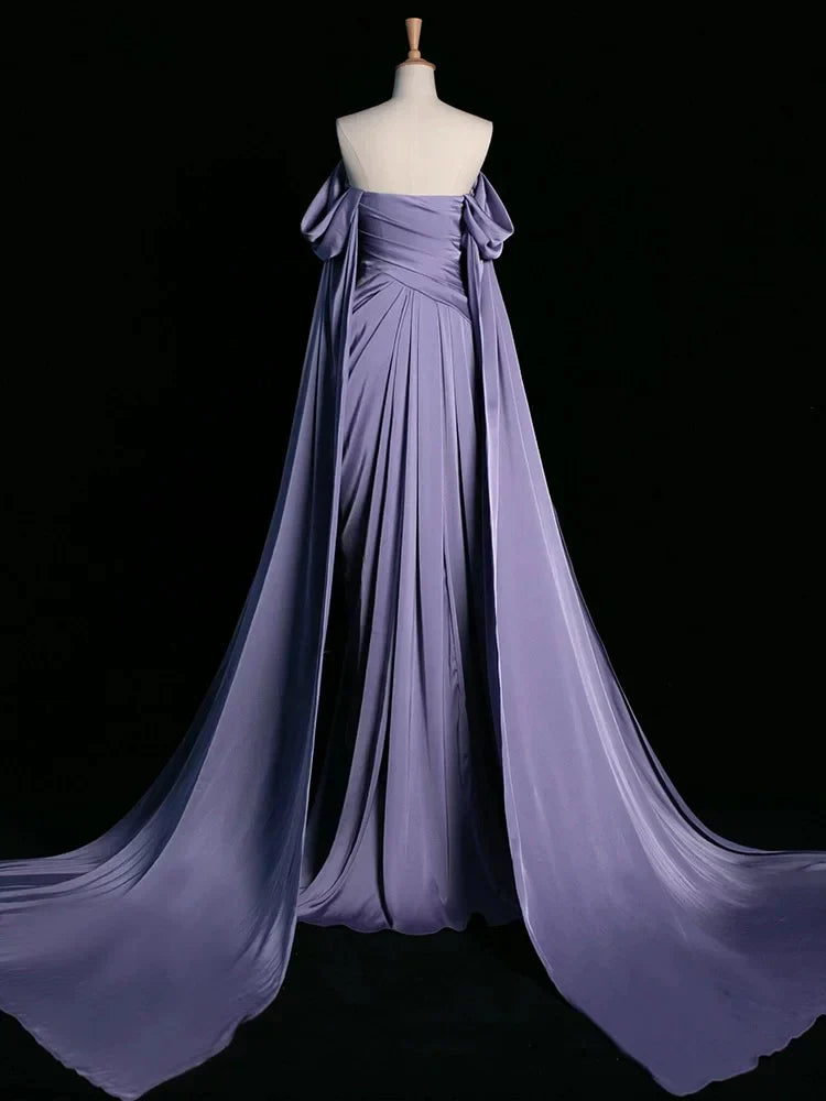 Royal Purple A-Line Off Shoulder Satin Long Prom Dress Formal Evening Dress Wedding DressED046