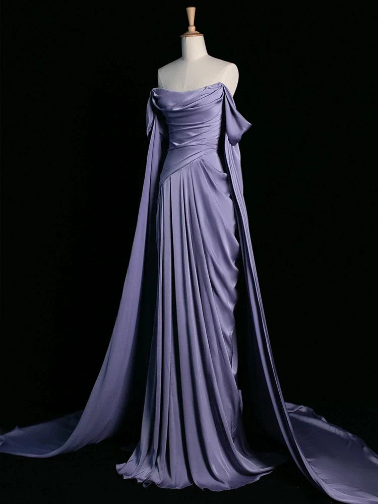 Royal Purple A-Line Off Shoulder Satin Long Prom Dress Formal Evening Dress Wedding DressED046