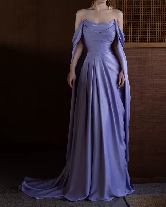 Royal Purple A-Line Off Shoulder Satin Long Prom Dress Formal Evening Dress Wedding DressED046