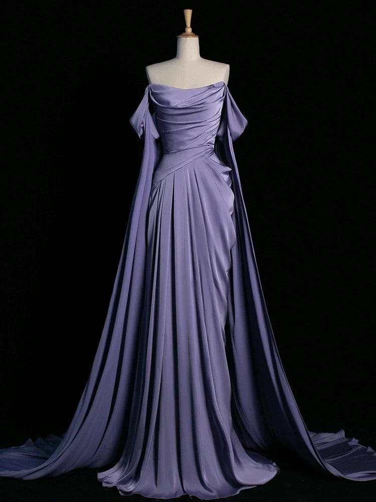 Royal Purple A-Line Off Shoulder Satin Long Prom Dress Formal Evening Dress Wedding DressED046