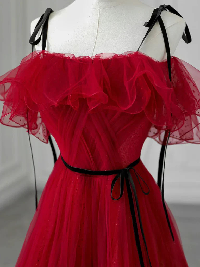 Vestido de fiesta largo de tul burdeos con hombros descubiertos y corte en A, vestido formal largo burdeos ED051