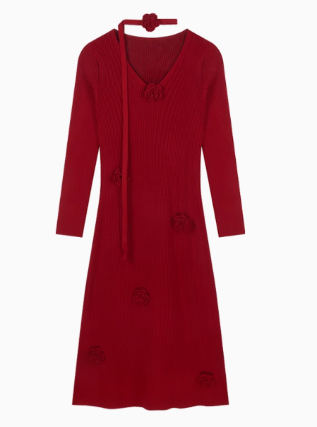 3D Flower V-Neck Long Sleeve Knitted Dress ED0516
