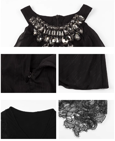 Vestido de cumpleaños negro con escote en V y corte halter de rombos franceses ED0517