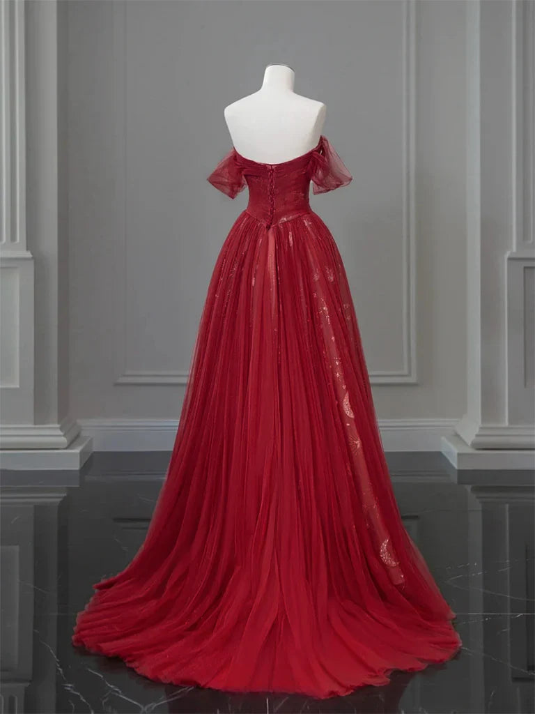 Vestido de fiesta largo burdeos con encaje de tul y hombros descubiertos ED0573