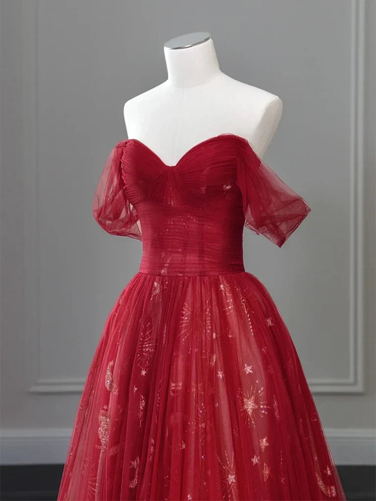 Vestido de fiesta largo burdeos con encaje de tul y hombros descubiertos ED0573