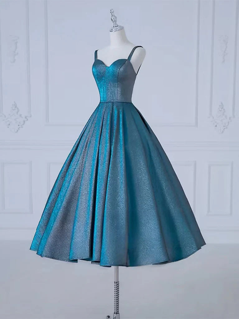 Vestido de fiesta azul de satén con escote corazón y corte en A, largo hasta la rodilla, vestido formal azul ED0576