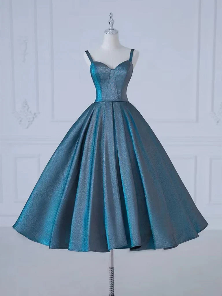 Vestido de fiesta azul de satén con escote corazón y corte en A, largo hasta la rodilla, vestido formal azul ED0576