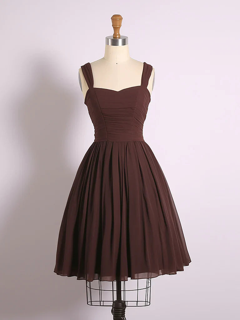 Vestido de fiesta corto de gasa marrón con escote corazón y corte en A, vestido de bienvenida marrón ED0577