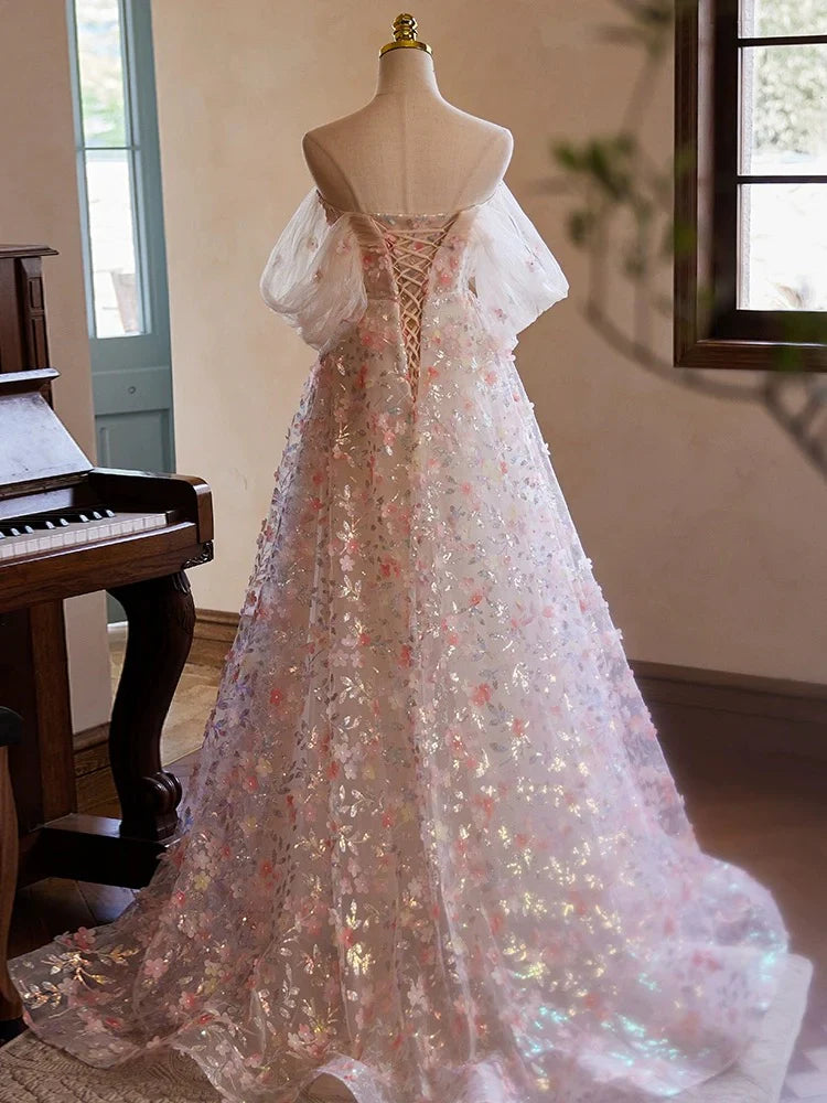 Vestido de fiesta largo de tul con encaje y hombros descubiertos en rosa, vestido de noche largo rosa ED058