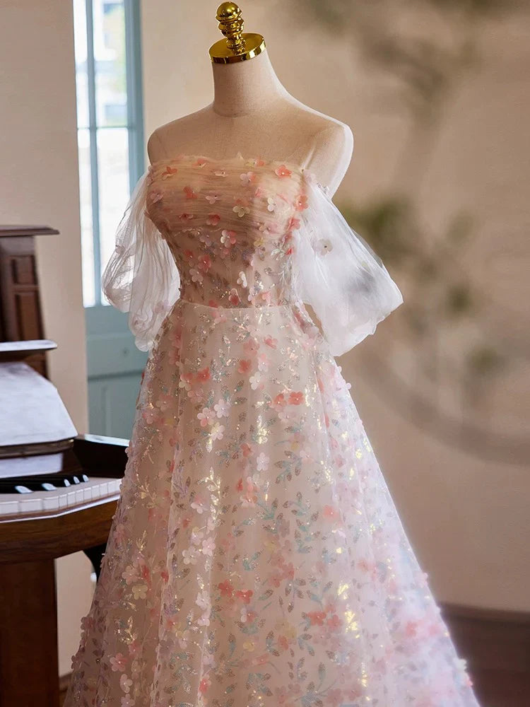 Vestido de fiesta largo de tul con encaje y hombros descubiertos en rosa, vestido de noche largo rosa ED058