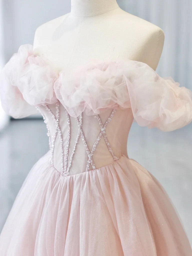 Vestido de fiesta largo de tul rosa con cuentas y hombros descubiertos, corte A, vestido formal largo de tul rosa ED0583