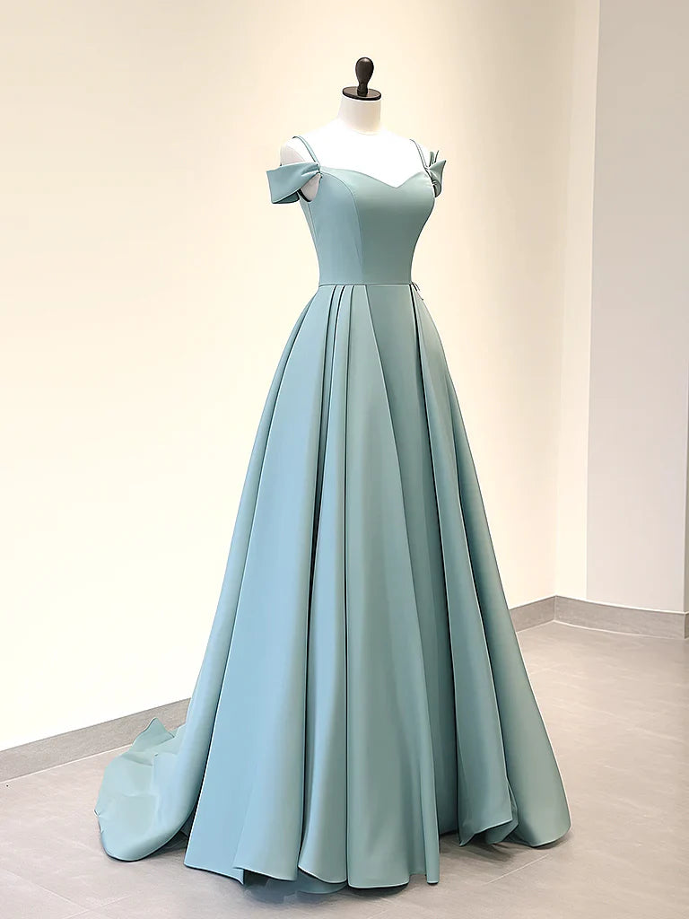 Vestido de fiesta largo azul de satén con hombros descubiertos y corte en A, vestido de noche largo azul ED0590