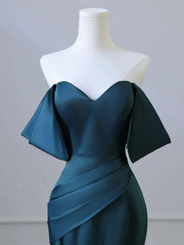 Vestido de fiesta largo azul tinta de satén con hombros descubiertos, sencillo, vestido formal azul tinta ED0598