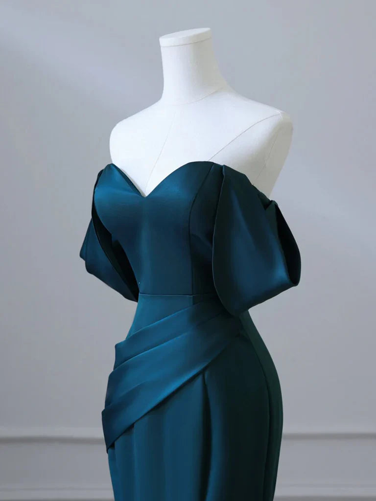 Vestido de fiesta largo azul tinta de satén con hombros descubiertos, sencillo, vestido formal azul tinta ED0598