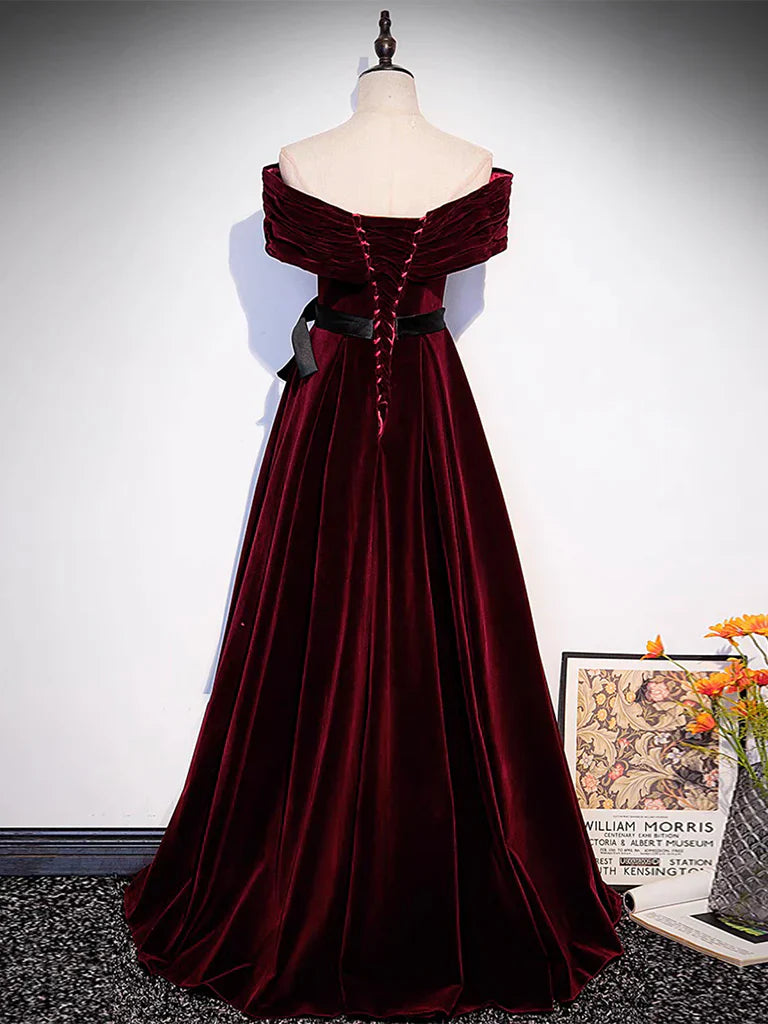 Vestido de fiesta largo de terciopelo burdeos con hombros descubiertos y corte en A, vestido formal largo burdeos ED0603