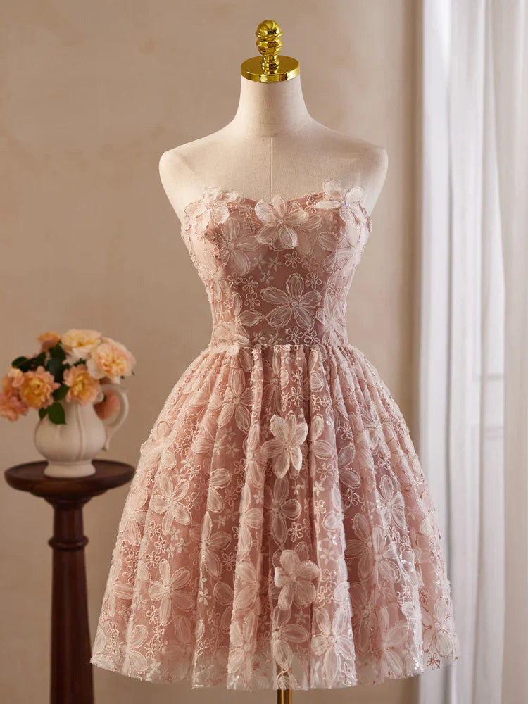 Vestido de fiesta corto rosa con encaje y tul, corte A y hombros descubiertos, vestido rosa de bienvenida ED0606