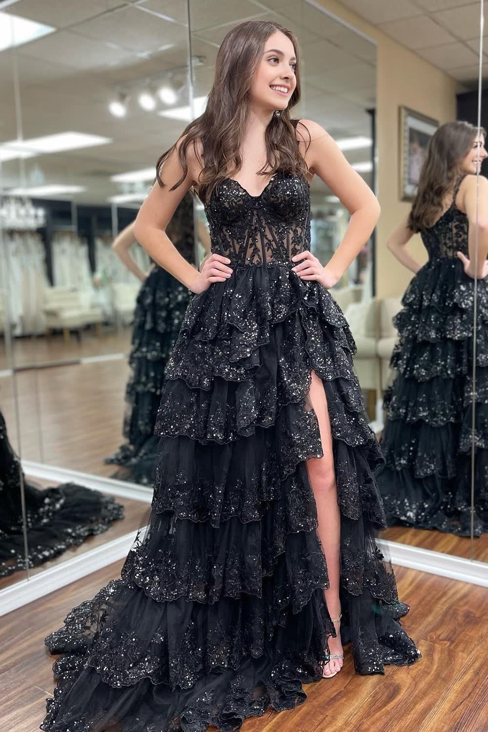 Vestido de fiesta largo negro con escote corazón, tul y lentejuelas, corte en A, vestido formal negro ED0617