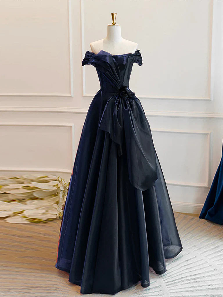 Vestido de fiesta largo de organza azul oscuro con hombros descubiertos y corte en A, vestido formal largo azul oscuro ED0618