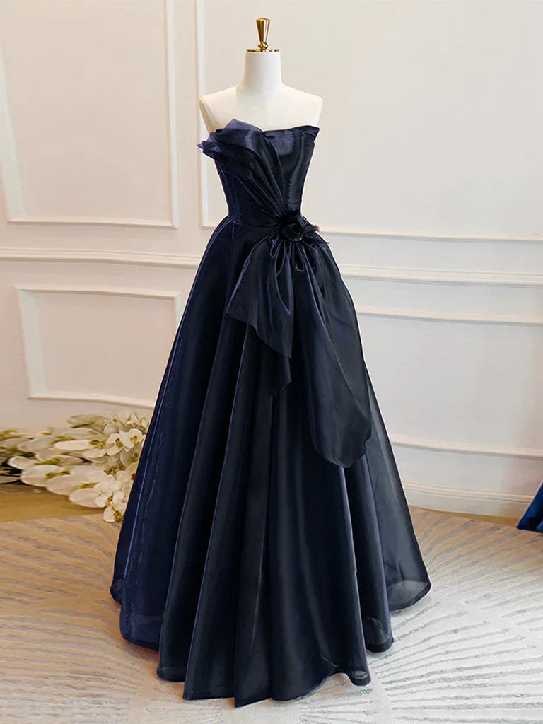 Vestido de fiesta largo de organza azul oscuro con hombros descubiertos y corte en A, vestido formal largo azul oscuro ED0618