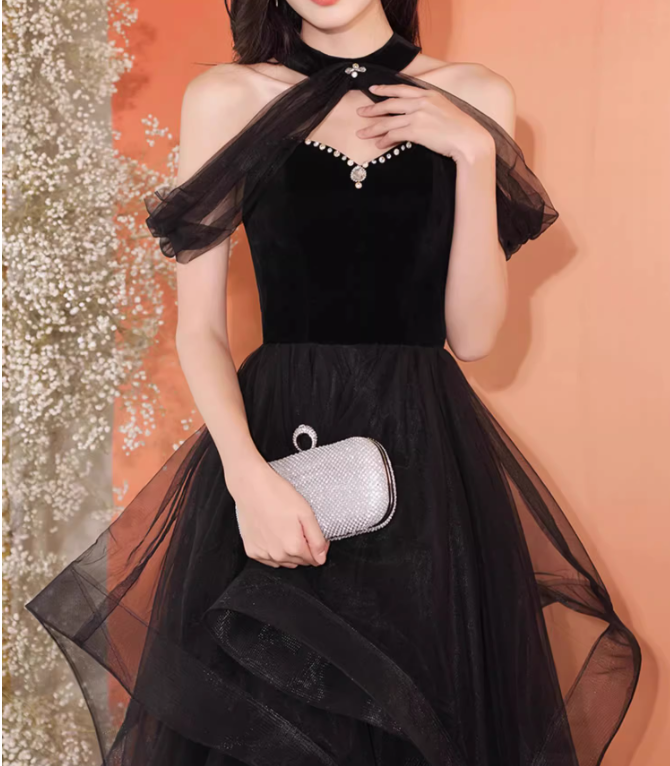 Vestido de fiesta largo de tul negro con corte en A, vestido formal largo negro ED0619