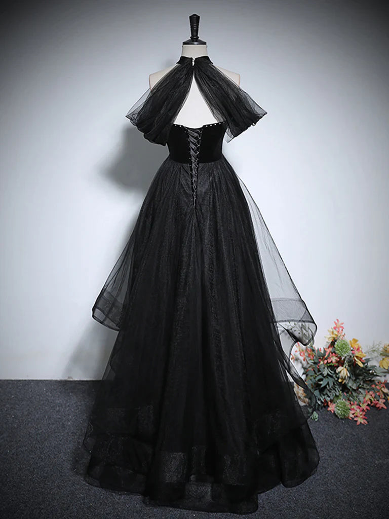 Vestido de fiesta largo de tul negro con corte en A, vestido formal largo negro ED0619