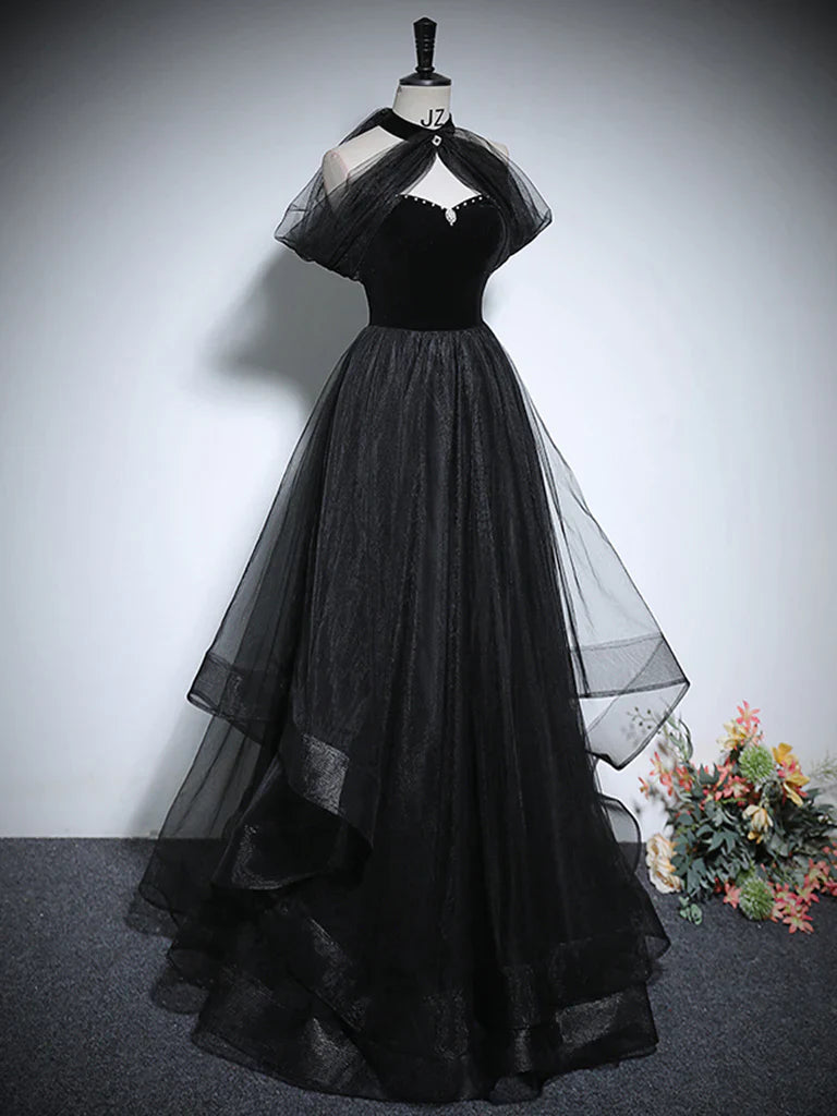 Vestido de fiesta largo de tul negro con corte en A, vestido formal largo negro ED0619