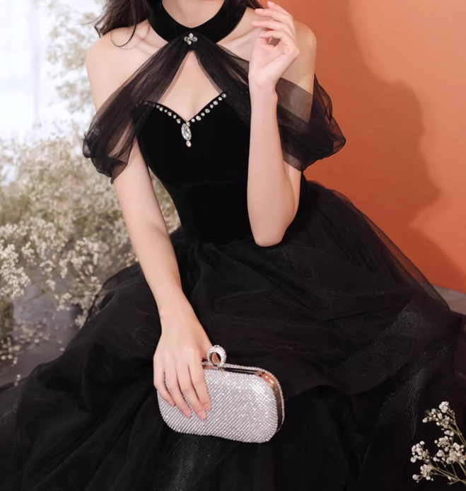 Vestido de fiesta largo de tul negro con corte en A, vestido formal largo negro ED0619