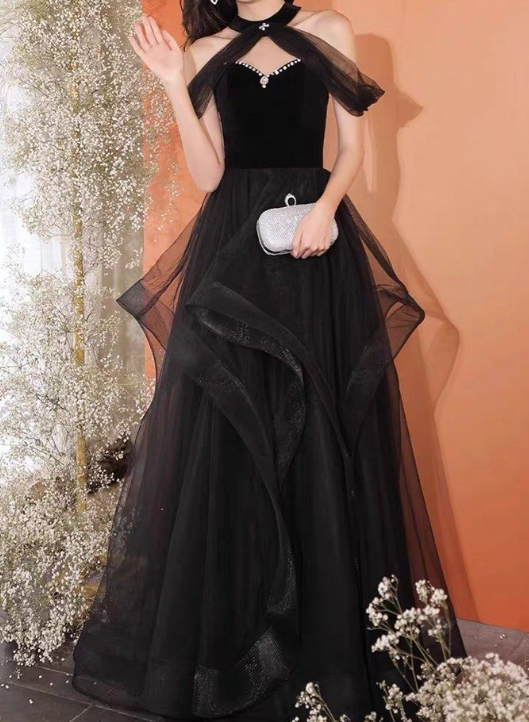Vestido de fiesta largo de tul negro con corte en A, vestido formal largo negro ED0619