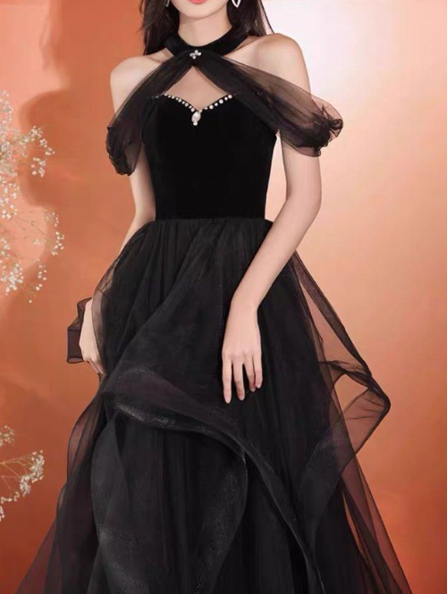 Vestido de fiesta largo de tul negro con corte en A, vestido formal largo negro ED0619