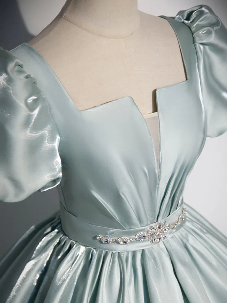 Vestido de fiesta largo de satén azul con corte en A, vestido formal largo azul ED0625